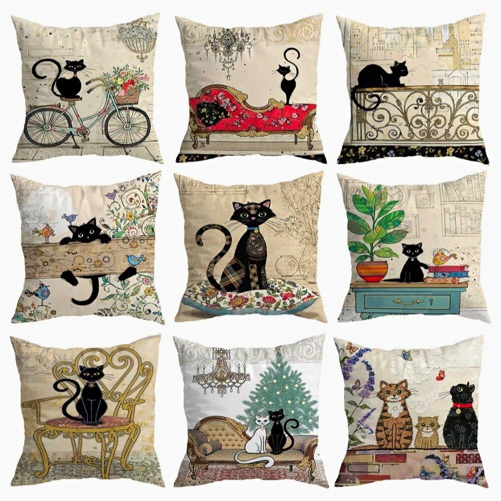 9 piece Black Cat Decorative Pillow Covers Set Vintage Parisian Retro 18" X 18"
